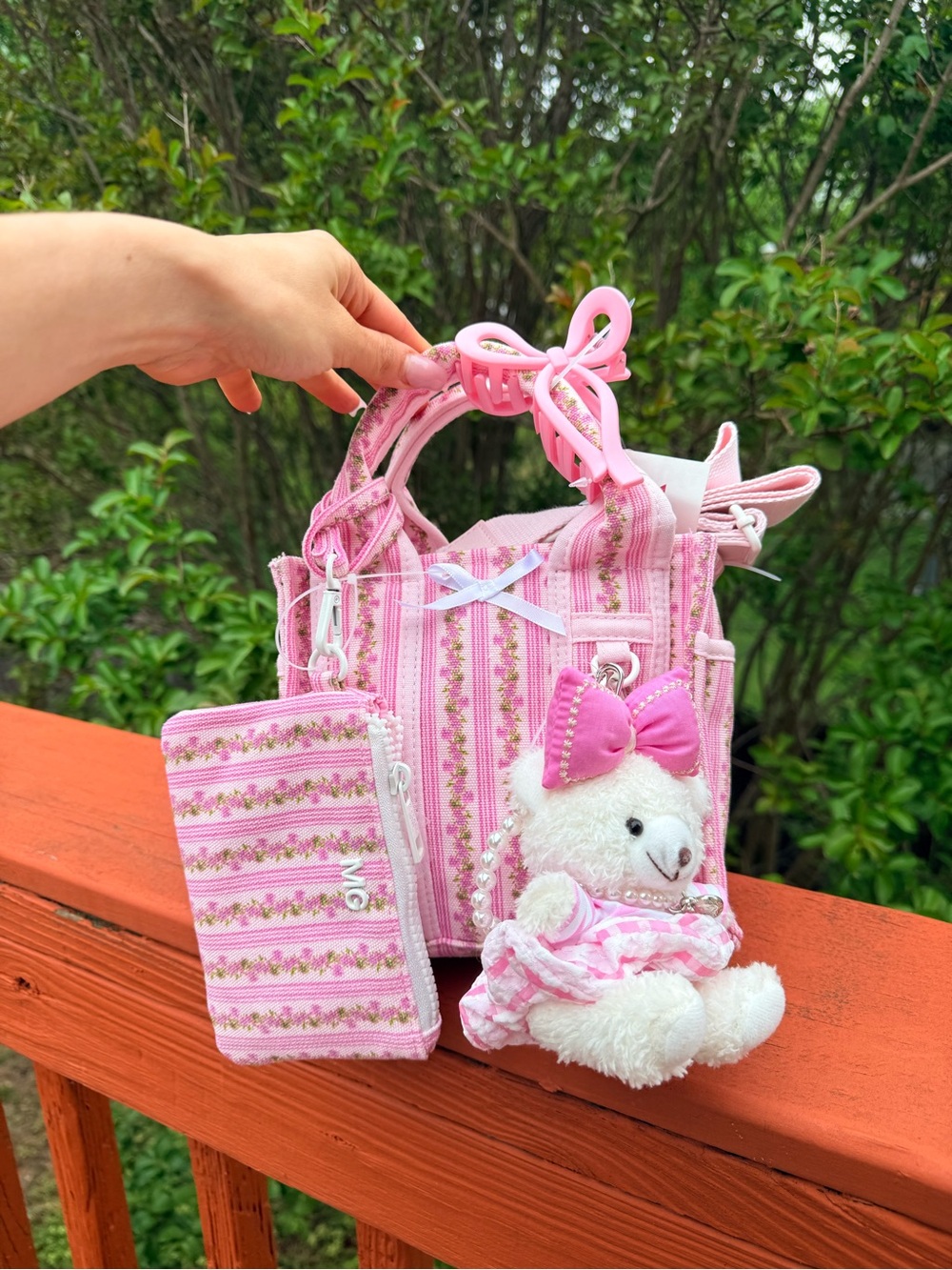 Madden Girl Floral Pink Roses Mini Tote Bag Bear Pearl Bag Charm Hair Clip